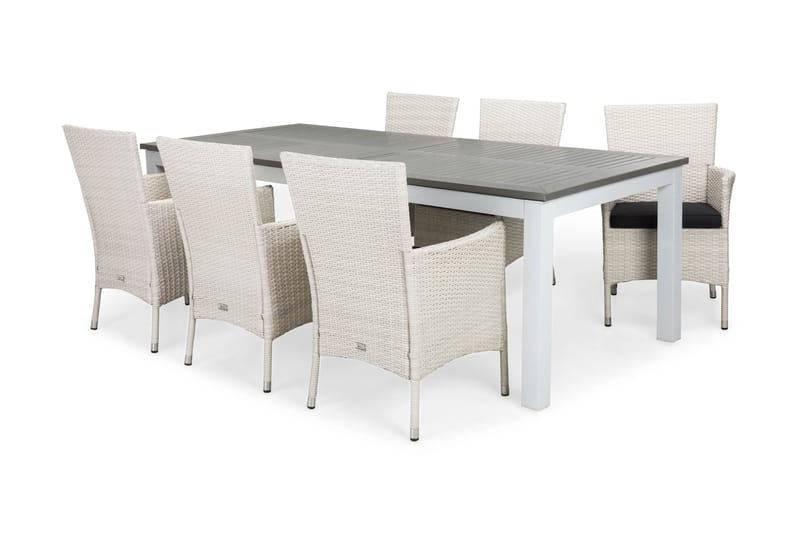Monaco Spisebordssæt 220-280x100 + 6 Thor Lænestol m hynder - Hvid / grå - Havesæt