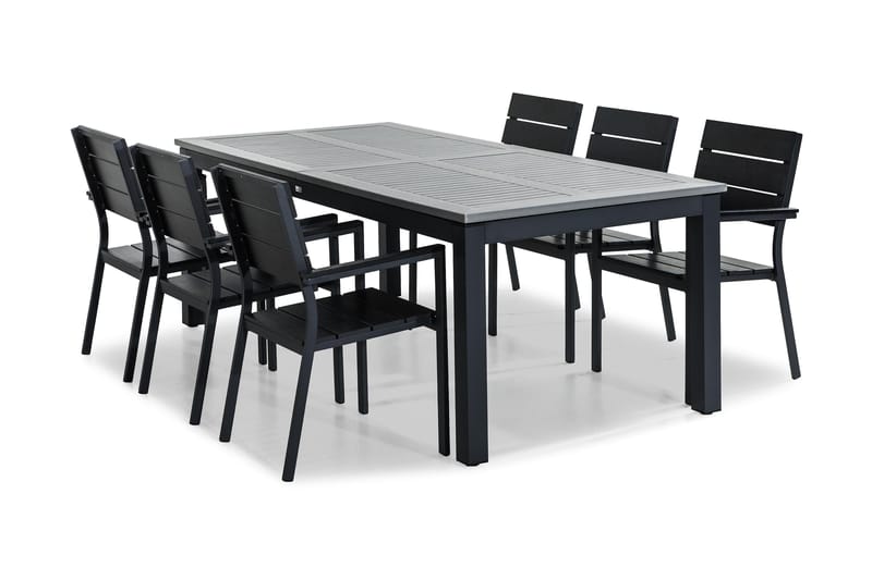 Monaco Spisebordssæt 220-280x100 + 6 Tunis Stabelstol - Sort - Havemøbler - Udendørsgruppe - Havesæt