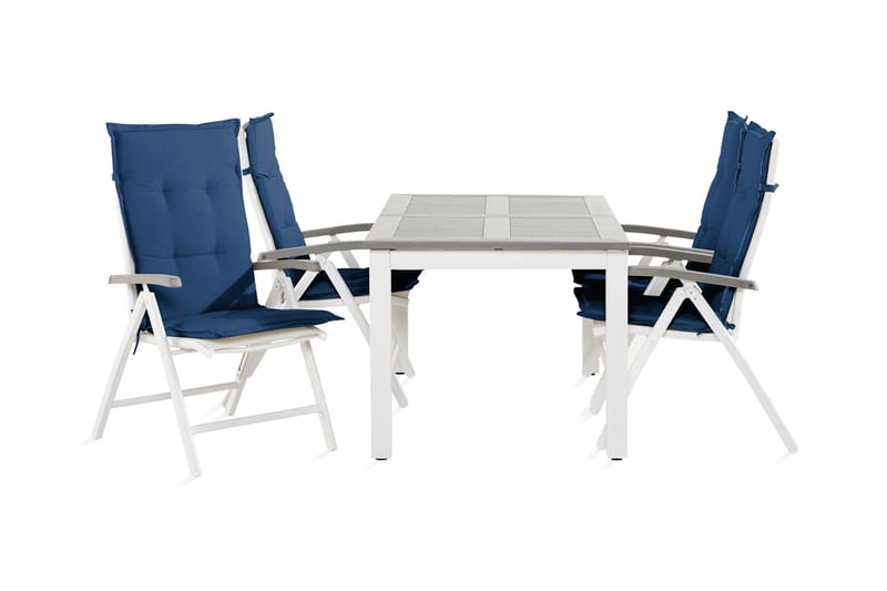 Monaco Spisebordssæt 90x152-210 + 4 Havestole med hynder - Hvid / Blå - Havesæt