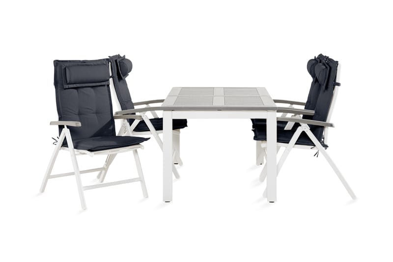 Monaco Spisebordssæt 90x152-210 + 4 Havestole med hynder - Hvid / grå - Havesæt