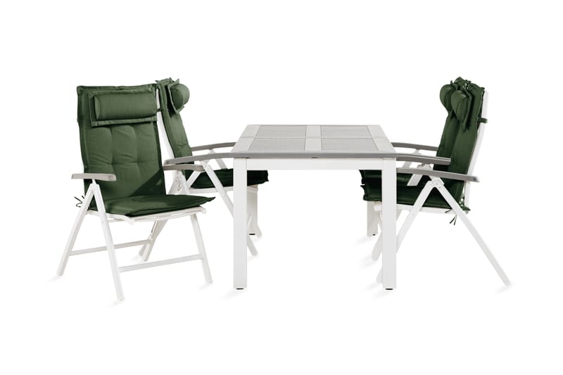 Monaco Spisebordssæt 90x152-210 + 4 Havestole med hynder - Hvid / Grøn - Havesæt