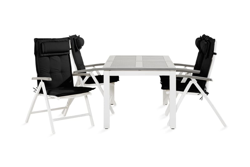 Monaco Spisebordssæt 90x152-210 + 4 Havestole med hynder - Hvid / Sort - Havesæt