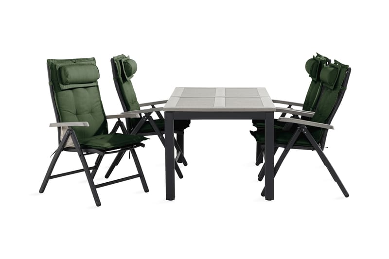 Monaco Spisebordssæt 90x152-210 + 4 Havestole med hynder - Sort / Grå / Grøn - Havesæt