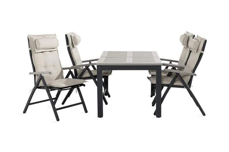 Monaco Spisebordssæt 90x152-210 + 4 Havestole med hynder, Sort / Grå / Offwhite