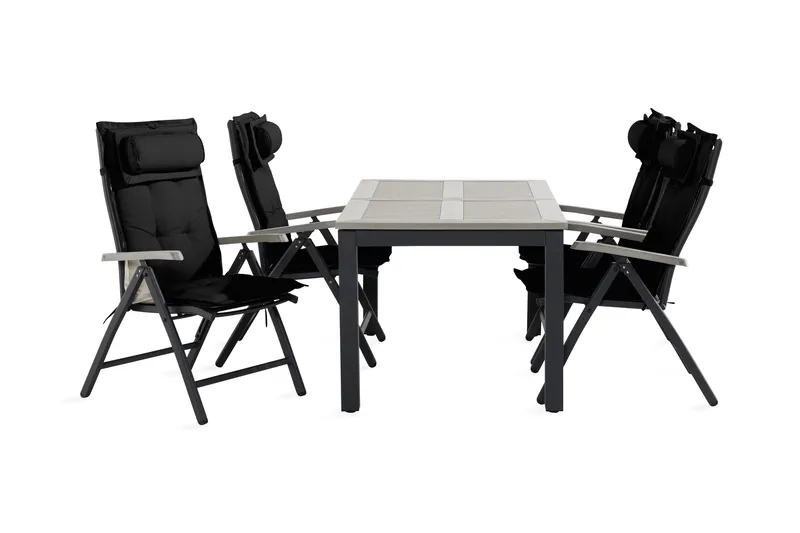 Monaco Spisebordssæt 90x152-210 + 4 Havestole med hynder, Sort / grå