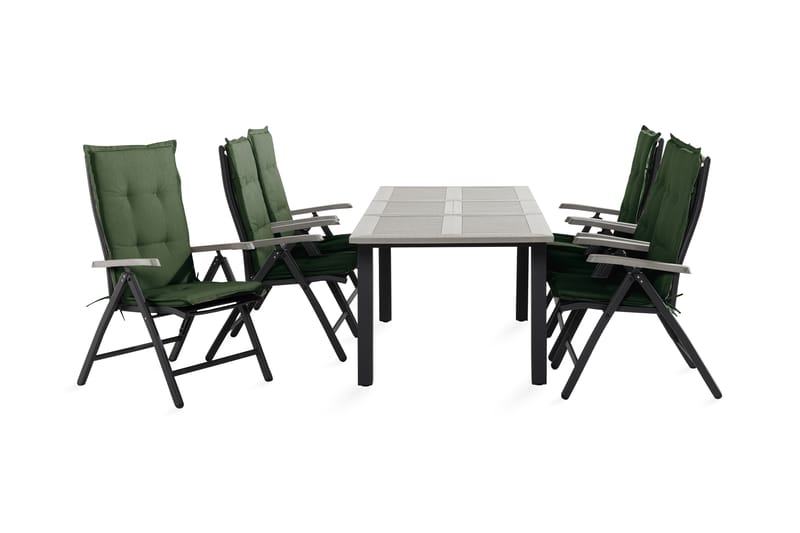 Monaco Spisebordssæt 90x152-210 + 6 Havestole med hynder - Sort / Grå / Grøn - Havesæt