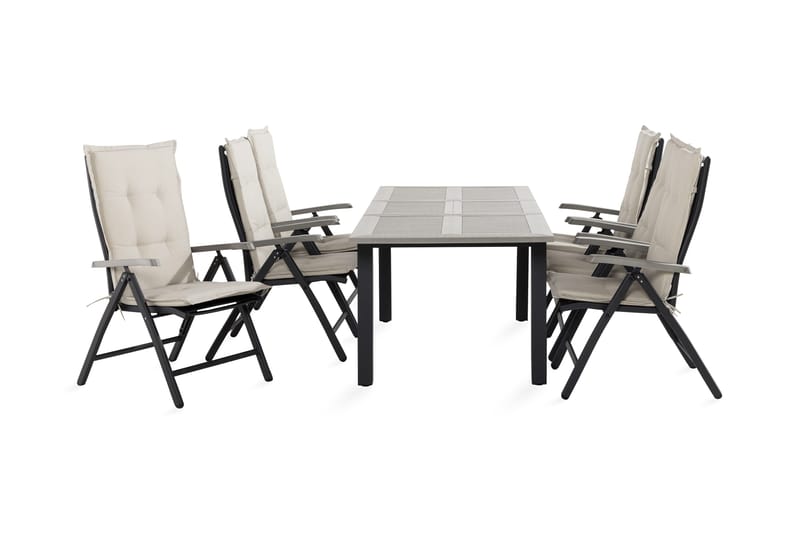 Monaco Spisebordssæt 90x152-210 + 6 Havestole med hynder, Sort / Grå / Offwhite