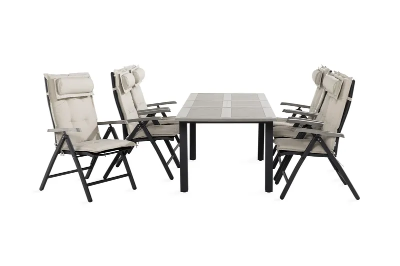 Monaco Spisebordssæt 90x152-210 + 6 Havestole med hynder, Sort / Grå / Offwhite
