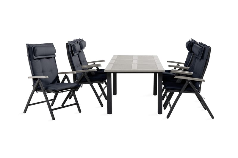 Monaco Spisebordssæt 90x152-210 + 6 Havestole med hynder, Sort / grå