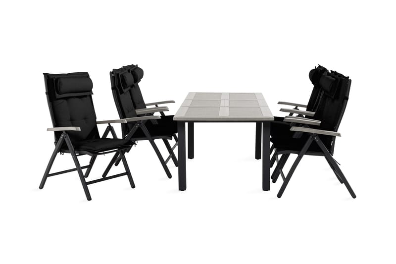 Monaco Spisebordssæt 90x152-210 + 6 Havestole med hynder, Sort / grå