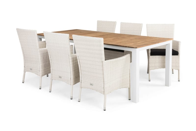 Oliven Spisebordssæt 210x100 + 6 Thor Lænestol med hynde - Hvid/Teak/Hvid/Sort - Havesæt