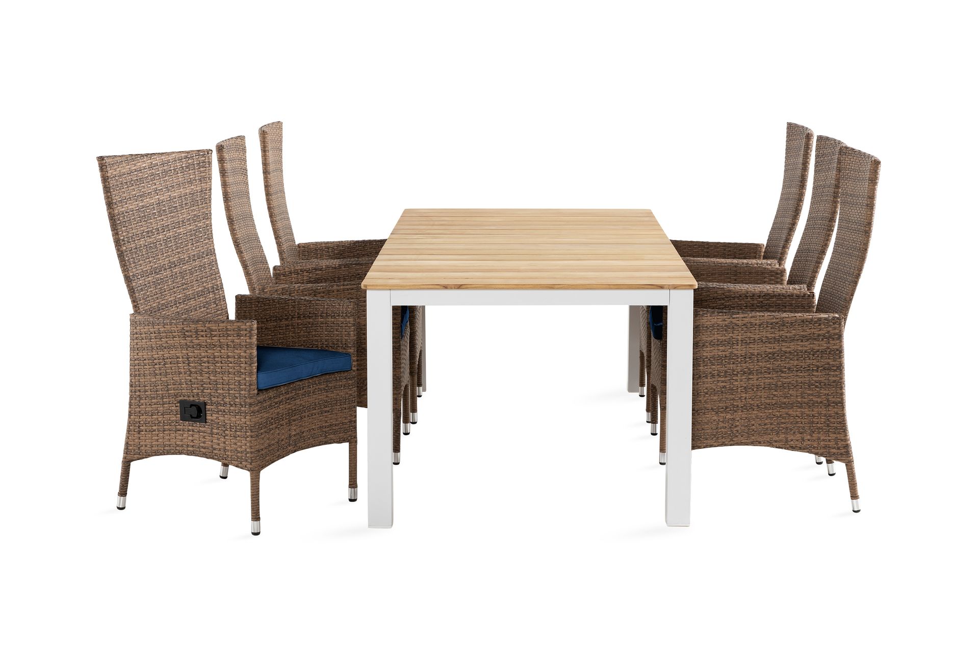 Oliver Spisebordssæt 210x100 6 Jenny stol Justerbar m hynder - Hvid / teak / sand / blå - Havemøbler - Udendørsgruppe - Havesæt