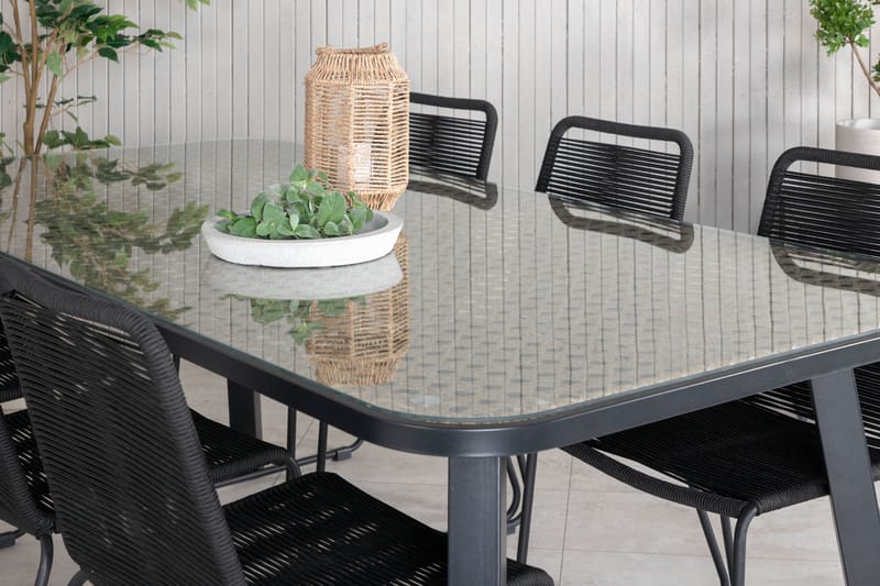 Paola Spisebordssæt 200cm + 6 Lindos Stabelbare stole Sort - Venture Home - Havesæt