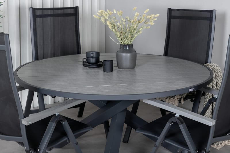Parma Spisebordssæt Ø140cm + 4 Albany Positionsstolee - Sort/Grå - Havemøbler - Udendørsgruppe - Havesæt