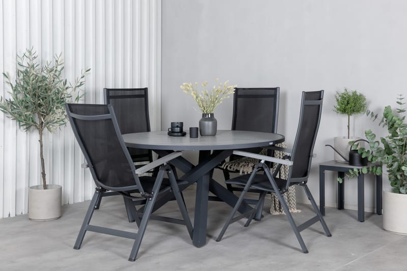 Parma Spisebordssæt Ø140cm + 4 Albany Positionsstolee - Sort/Grå - Havemøbler - Udendørsgruppe - Havesæt