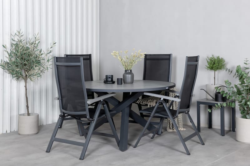 Parma Spisebordssæt Ø140cm + 4 Albany Positionsstolee - Sort/Grå - Havemøbler - Udendørsgruppe - Havesæt