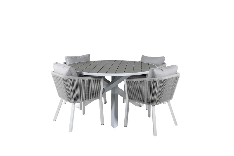 Parma Spisebordssæt Ø140cm + 4 Virya Stole, Brun/Hvid