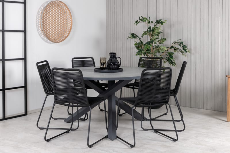 Parma Spisebordssæt Ø140cm + 6 Lindos Stole - Sort/Grå - Havemøbler - Udendørsgruppe - Havesæt