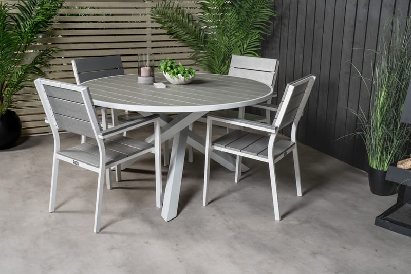 Parma Spisebordssæt Ø140cm + Levels Stabelbare stole - Hvid - Havemøbler - Udendørsgruppe - Havesæt