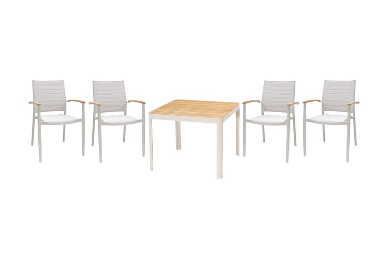 Portals Spisebordssæt 95 cm + 4 Armstole - Hvid/Træ - Havemøbler - Udendørsgruppe - Havesæt