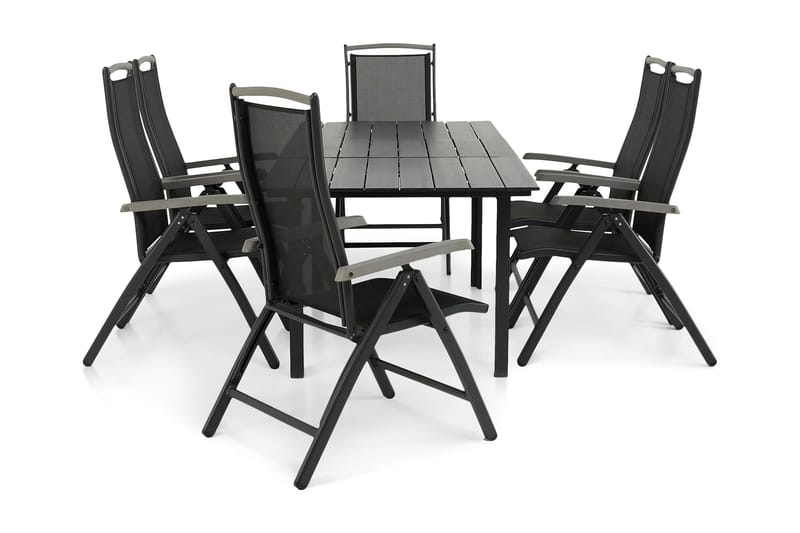 Portland Spisebordssæt 152-210x90 + 6 Monaco Lyx Positionsst, Sort/Grå
