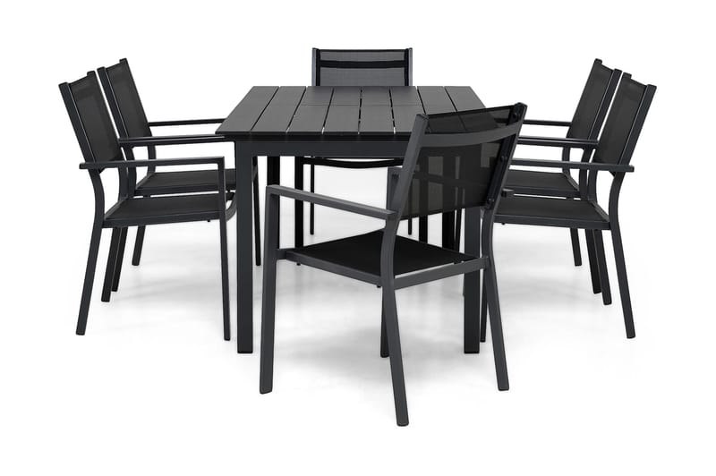 Portland Spisebordssæt 152-210x90 + 6 Sierra Stabelstol, Sort
