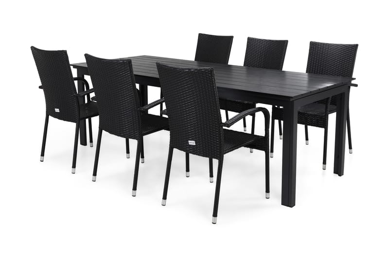 Portland Spisebordssæt 220-280x90 + 6 Thor Light Stabelstol - Sort - Havemøbler - Udendørsgruppe - Havesæt