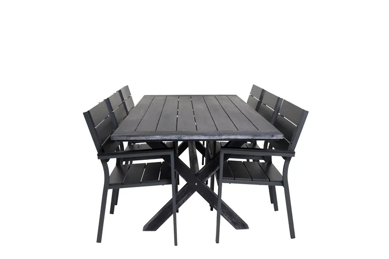 Rives Spisebordssæt 200cm + 6 Levels Stabelbare stole - Sort - Havemøbler - Udendørsgruppe - Havesæt
