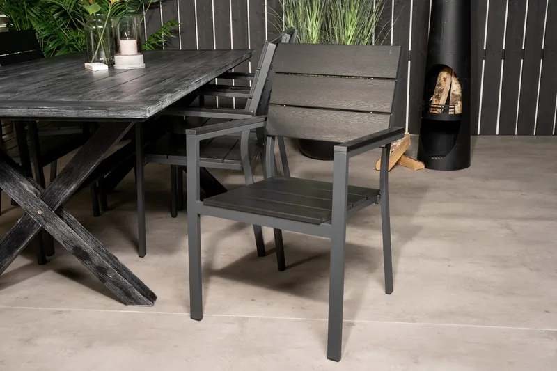 Rives Spisebordssæt 200cm + 6 Levels Stabelbare stole - Sort - Havemøbler - Udendørsgruppe - Havesæt