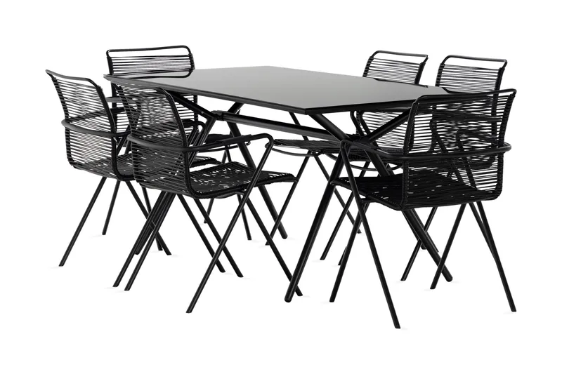 Rosasco Spisebordssæt 160 cm + 6 Stole - Glas/Sort - Havemøbler - Udendørsgruppe - Havesæt