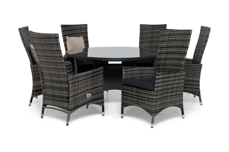 Round Havesæt Ø140 + 6 Jenny Justerbar Lænestole m Hynde, Sort/Grå