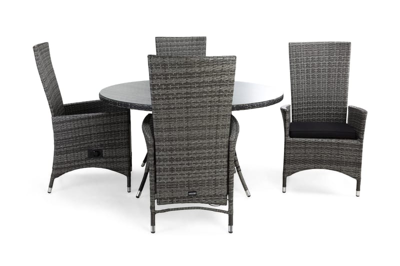 Thor Havesæt Ø140 + 4 Jenny Justerbar Lænestole m Hynde, Grå/Grå/Sort