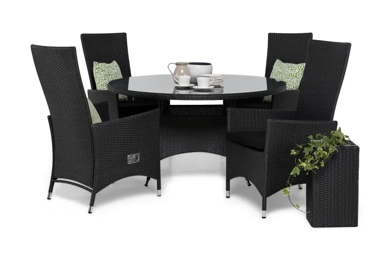 Thor Havesæt Ø140 + 4 Jenny Justerbar Lænestole m Hynde, Sort