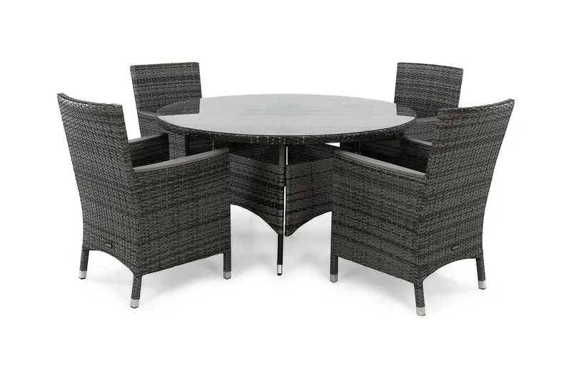 Thor Havesæt Ø140 + 4 Lænestole Lyx m Armlæn - Grå/Nonwood - Havemøbler - Udendørsgruppe - Havesæt