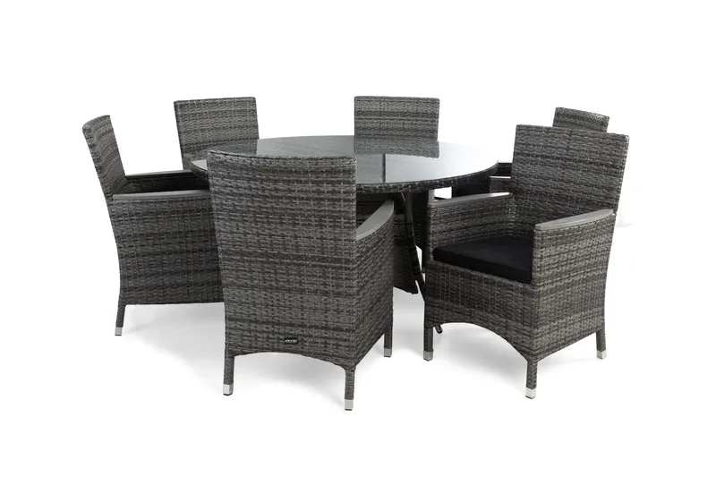 Thor Havesæt Ø140 + 4 Lænestole Lyx m Armlæn m Hynde - Grå/Grå/Nonwood/Sort - Havemøbler - Udendørsgruppe - Havesæt