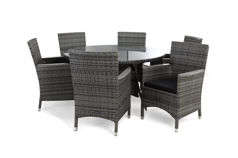 Thor Havesæt Ø140 + 4 Lænestole Lyx m Armlæn m Hynde - Grå/Grå/Nonwood/Sort - Havemøbler - Udendørsgruppe - Havesæt