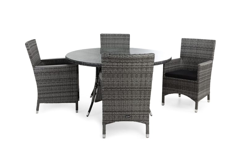 Thor Havesæt Ø140 + 4 Lænestole Lyx m Armlæn m Hynde, Grå/Grå/Nonwood/Sort