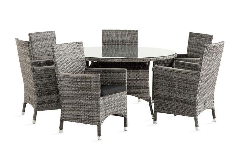 Thor Havesæt Ø140 + 4 Lænestole Lyx m Armlæn m Hynde - Grå/Grå/Nonwood/Sort - Havemøbler - Udendørsgruppe - Havesæt