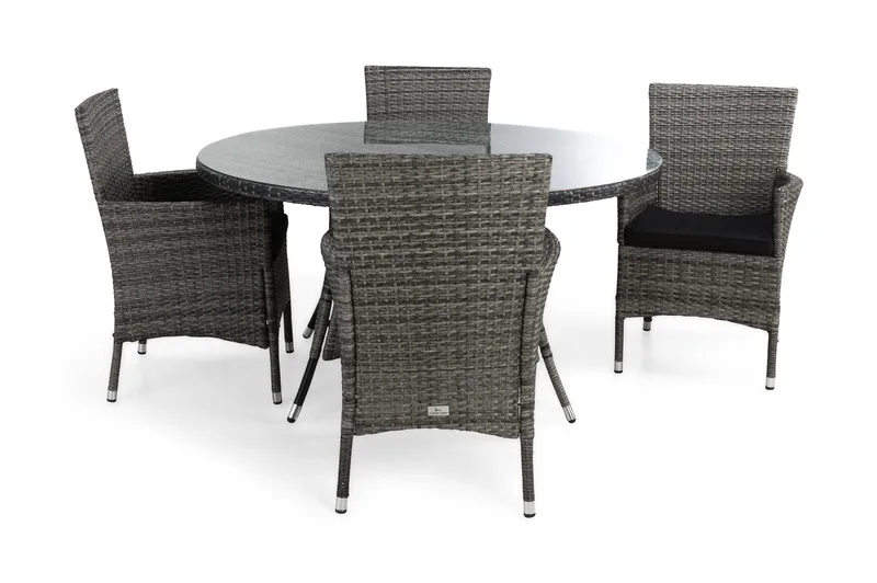 Thor Havesæt Ø140 + 4 Thor Lænestole m Hynde, Grå/Grå/Sort