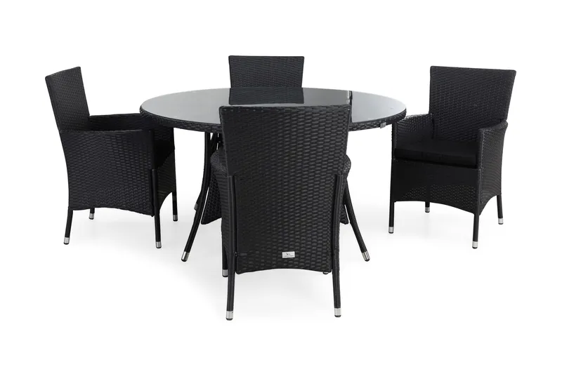 Thor Havesæt Ø140 + 4 Thor Lyx Lænestole m Hynde, Sort/Sort/Sort