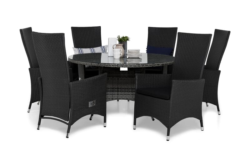 Thor Havesæt Ø140 + 6 Jenny Justerbar Lænestole m Hynde, Grå/Sort