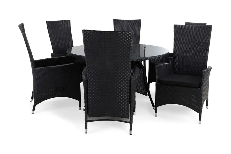 Thor Havesæt Ø140 + 6 Jenny Justerbar Lænestole m Hynde, Sort/Sort/Sort