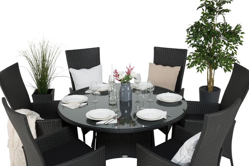 Thor Havesæt Ø140 + 6 Jenny Justerbar Lænestole - Sort - Havemøbler - Udendørsgruppe - Havesæt