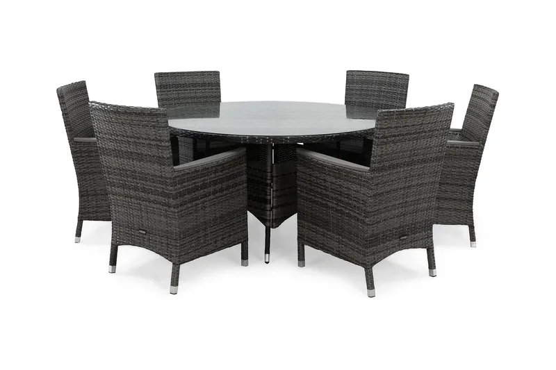 Thor Havesæt Ø140 + 6 Lænestole Lyx m Armlæn, Grå/Nonwood