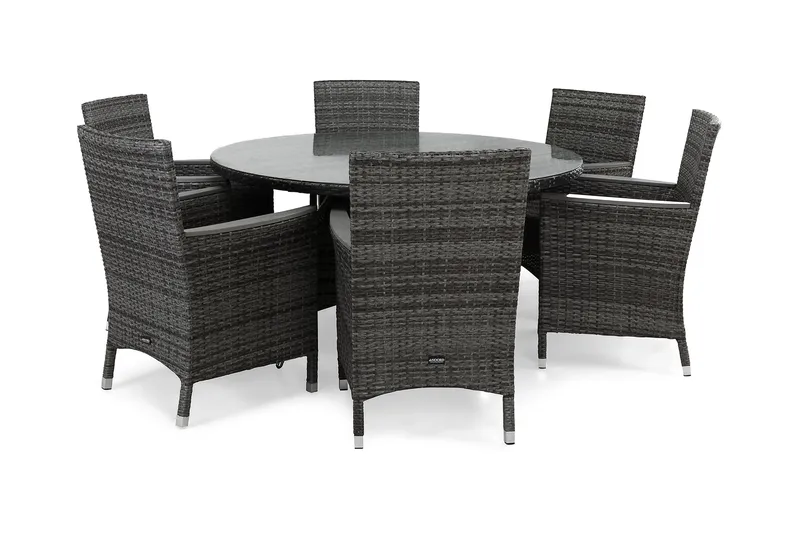 Thor Havesæt Ø140 + 6 Lænestole Lyx m Armlæn - Grå/Nonwood - Havemøbler - Udendørsgruppe - Havesæt