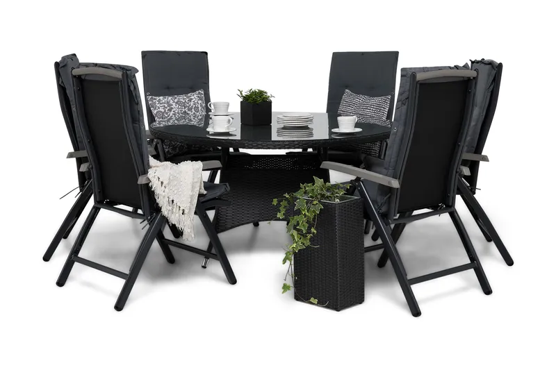 Thor Havesæt Ø140 + 6 Monaco Lyx Positionsstole m Hynde, Sort/Sort/Grå
