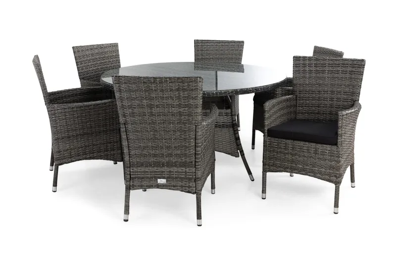 Thor Havesæt Ø140 + 6 Thor Lænestole m Hynde, Grå/Grå/Sort