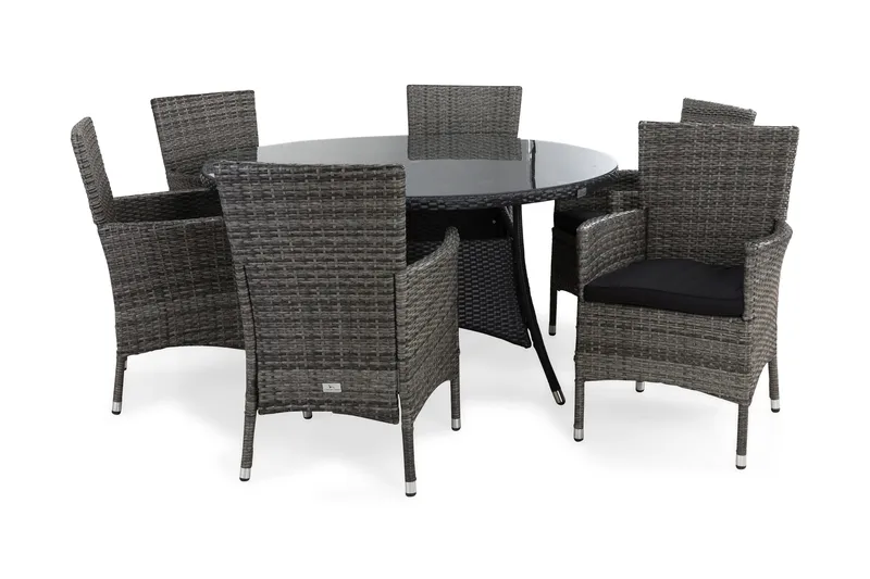 Thor Havesæt Ø140 + 6 Thor Lænestole m Hynde, Sort/Grå/Sort