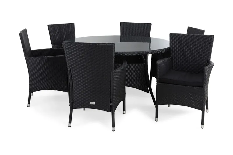 Thor Havesæt Ø140 + 6 Thor Lyx Lænestole m Hynde, Sort/Sort/Sort