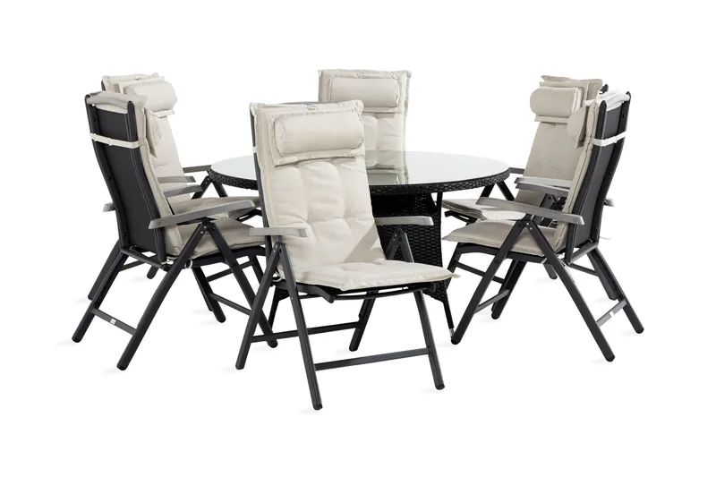 Thor spisebordsgruppe 140 Rund + 6 Monaco Havestol med hynde, Sort / Grå / Offwhite